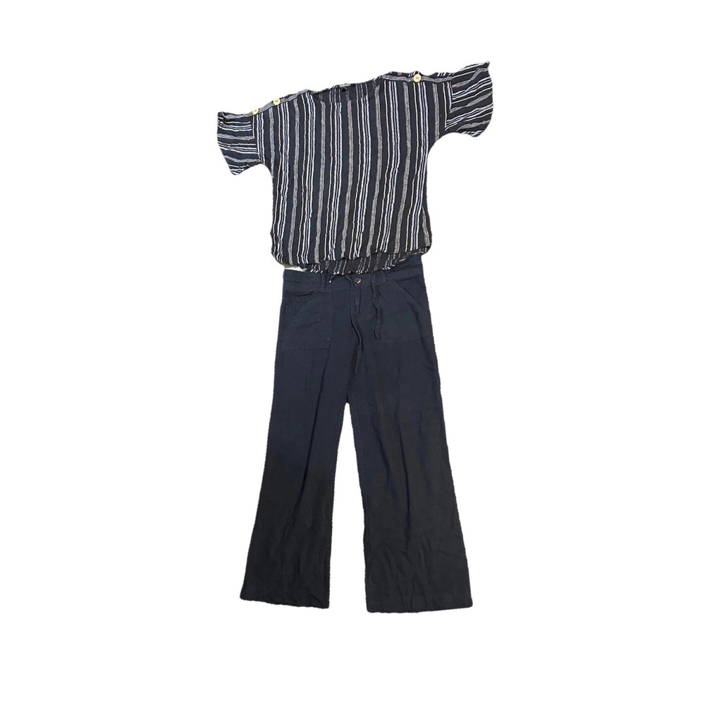 Ellen Tracy Striped Blouse & Linen Blend Wide Leg Pants Set Navy M